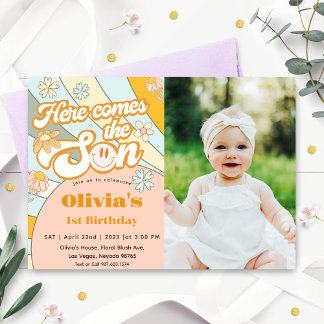 Here Comes The Sun Rainbow 1st Birthday Invitation