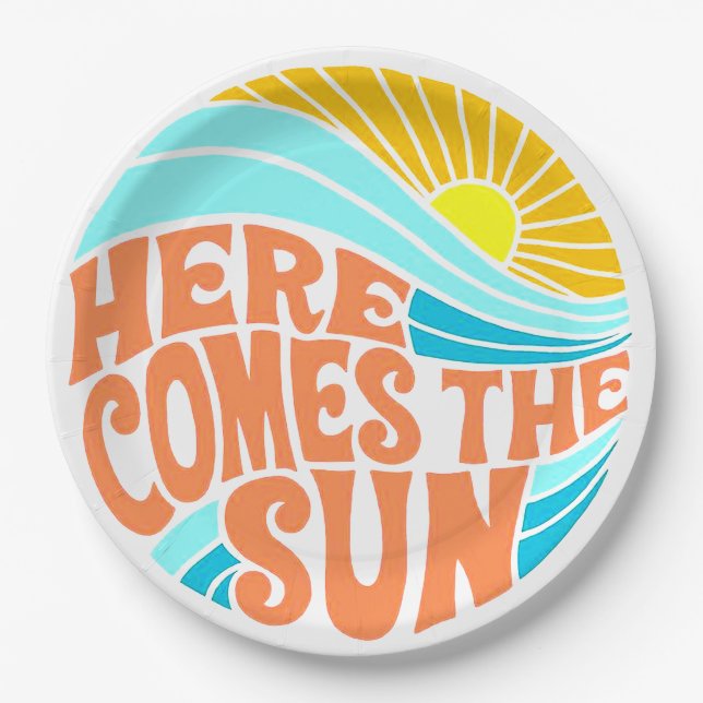 Here Comes the Sun Tee, Retro Style, Hippie Style Paper Plate (Front)