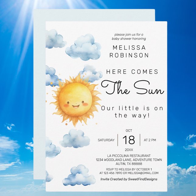 Here comes the sun Watercolor Baby Boy Shower Invitation (Here comes the sun Watercolor Baby Boy Shower Invitation)