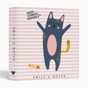 Here comes trouble! Cute Cat - Pink Striped Kids' Binder