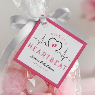 Here in a Heartbeat Heart Monitor Pink Baby Shower Favour Tags