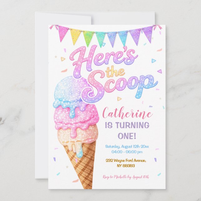 Here’s the Scoop Ice Cream Birthday Sparkle Invitation (Front)