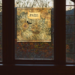 Here There Be Dragons Vintage Map Window Cling