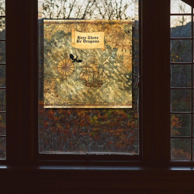 Here There Be Dragons Vintage Map   Window Cling (Here There Be Dragons Window Cling in Bedroom)