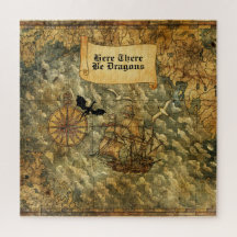 Here There Be Dragons Vintage-Style Nautical Map