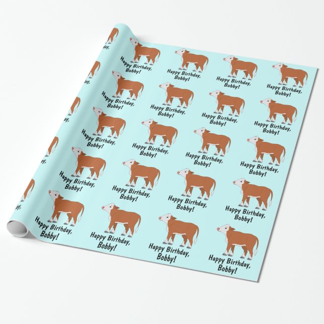 Hereford Calf Happy Birthday Wrapping Paper (Unrolled)