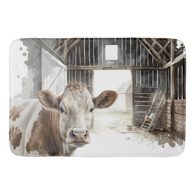 Hereford Cow and Rooster In Barn Bath Mat (Front)