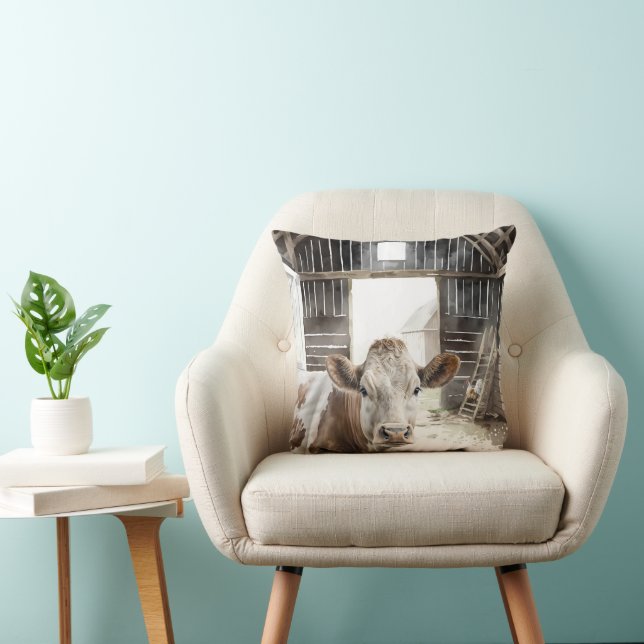 Hereford Cow and Rooster In Barn Throw Pillow (Chair)