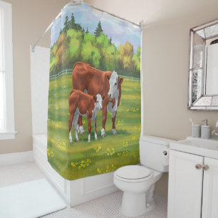 Hereford Cow & Cute Calf in Summer Pasture