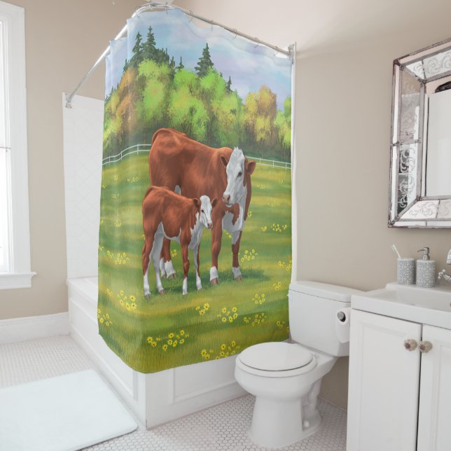 Hereford Cow & Cute Calf in Summer Pasture (In Situ)