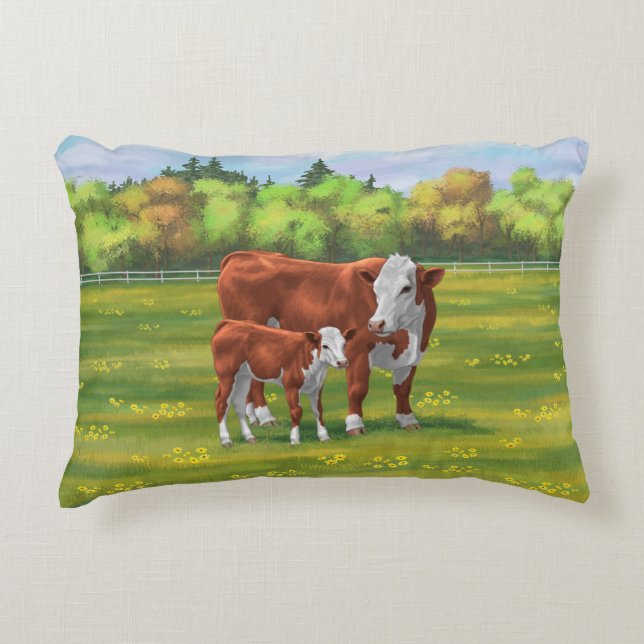 Hereford Cow & Cute Calf in Summer Pasture Accent Pillow (Front)