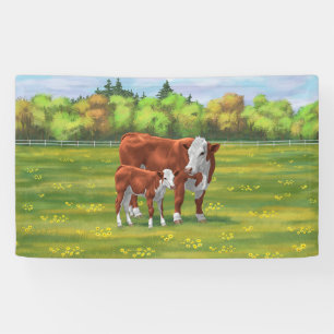 Hereford Cow & Cute Calf in Summer Pasture Banner