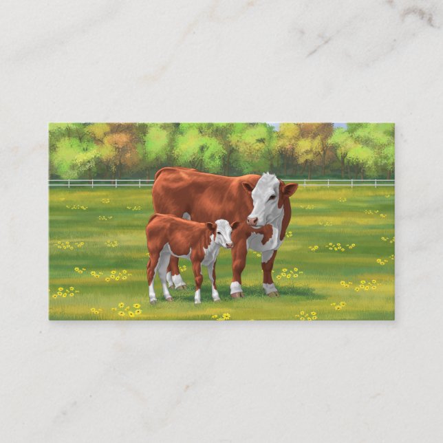 Hereford Cow & Cute Calf in Summer Pasture Business Card (Front)