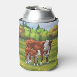 Hereford Cow & Cute Calf in Summer Pasture Can Cooler