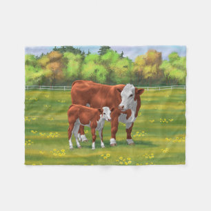 Hereford Cow & Cute Calf in Summer Pasture Fleece Blanket