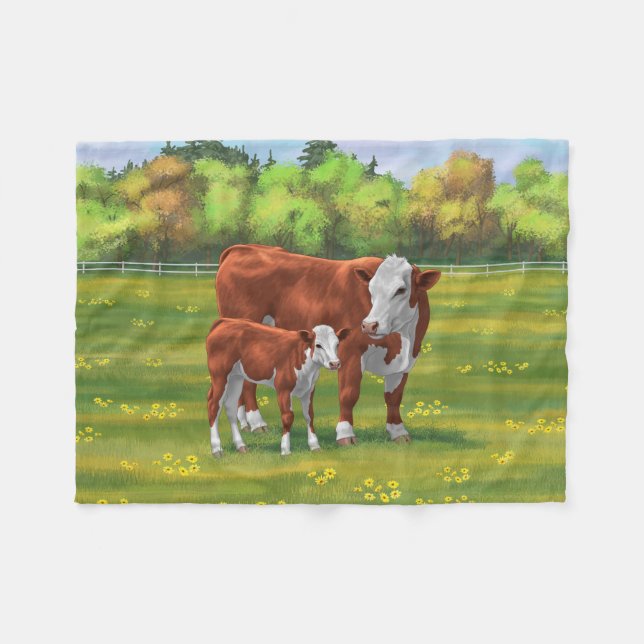 Hereford Cow & Cute Calf in Summer Pasture Fleece Blanket (Front (Horizontal))