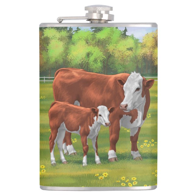 Hereford Cow & Cute Calf in Summer Pasture Hip Flask (Front)