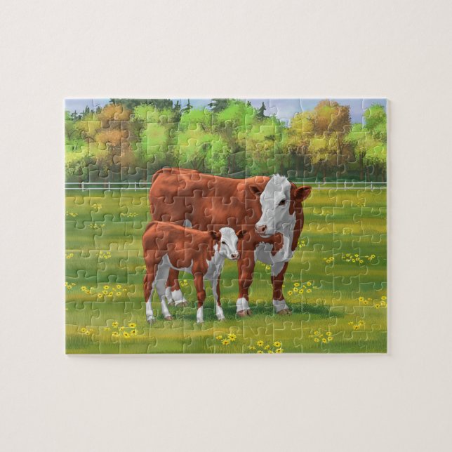 Hereford Cow & Cute Calf in Summer Pasture Jigsaw Puzzle (Horizontal)