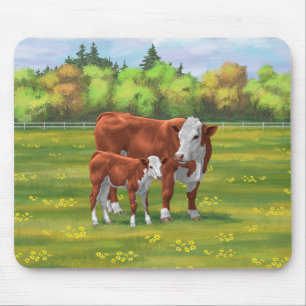 Hereford Cow & Cute Calf in Summer Pasture Mouse Pad