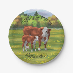 Hereford Cow & Cute Calf in Summer Pasture Paper Plate