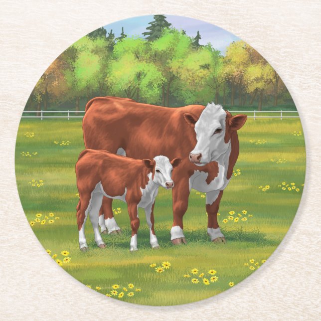 Hereford Cow & Cute Calf in Summer Pasture Round Paper Coaster (Front)