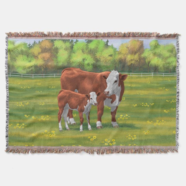 Hereford Cow & Cute Calf in Summer Pasture Throw Blanket (Front)