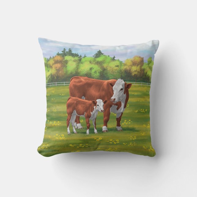 Hereford Cow & Cute Calf in Summer Pasture Throw Pillow (Front)