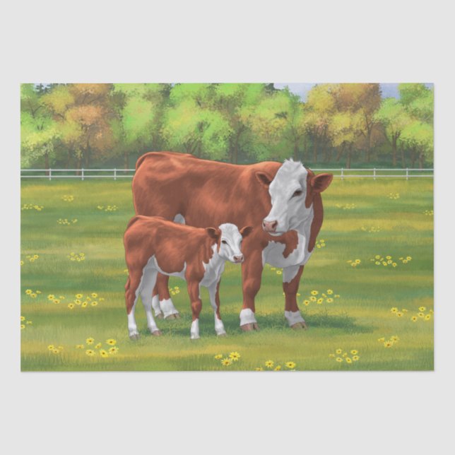 Hereford Cow & Cute Calf in Summer Pasture Tissue Paper (Front)