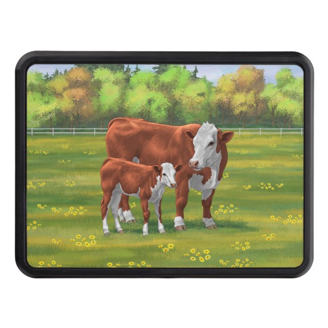 Hereford Cow & Cute Calf in Summer Pasture Trailer Hitch Cover (Front)