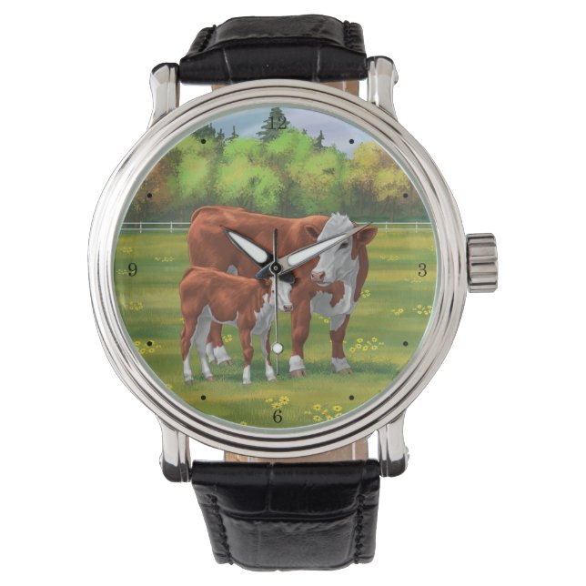 Hereford Cow & Cute Calf in Summer Pasture Watch (Front)