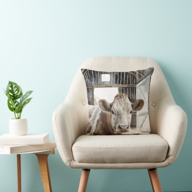 Hereford Cow In Barn Throw Pillow (Chair)