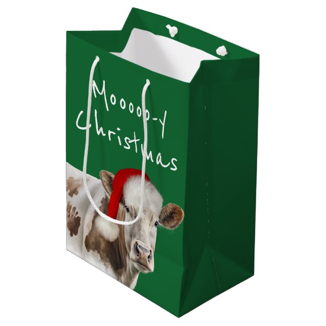 Hereford Cow With Santa Cap on Green Medium Gift Bag (Front Angled)