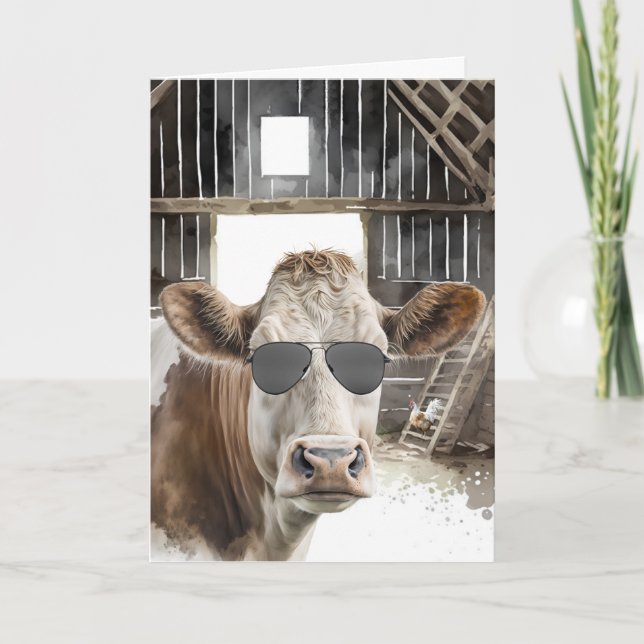 Hereford Cow With Sunglasses for Birthday Card (Front)