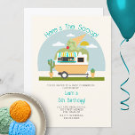 Here's The Scoop Green Ice Cream Truck Birthday Invitation<br><div class="desc">Ice cream themed boy birthday party featuring illustration of a camper with green ice cream cone on top,  and cactus in ice cream cone containers.</div>