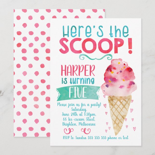 Here's The Scoop Ice Cream Birthday Invitation (Front/Back)