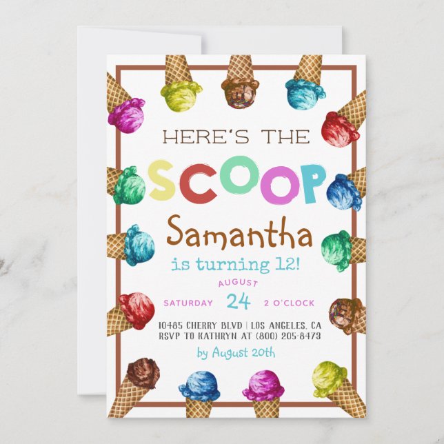 Here's the Scoop Ice Cream Birthday Invitation (Front)