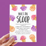 Here's The Scoop Ice Cream Birthday Party Invitation<br><div class="desc">Our cute and colourful ice cream birthday party invitations feature a watercolor ice cream cone border in colours of hot pink, purple, and orange with "Here's The Scoop" in a fun font. Personalize the colourful kid's birthday party invitations by adding your party details. The reverse side of the invites feature...</div>
