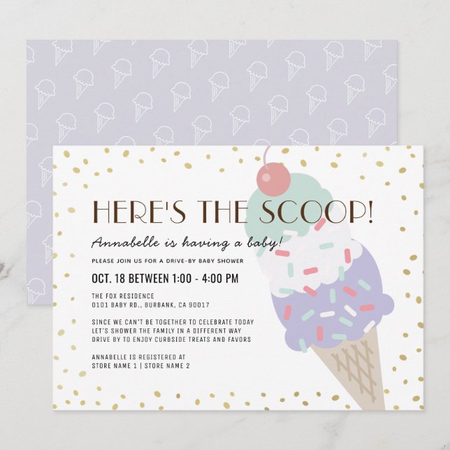 Here's the Scoop Ice Cream drive-by Baby Shower Invitation (Front/Back)