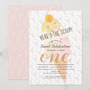 Here's the Scoop Ice Cream Girl Pink 1st Birthday Invitation