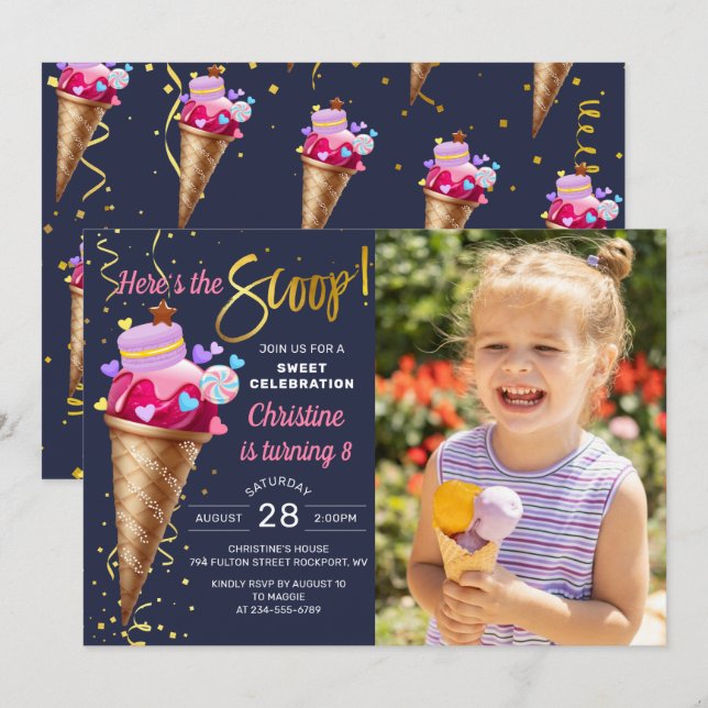 Here's The Scoop Ice Cream Party Navy Blue Photo Invitation (Front/Back)