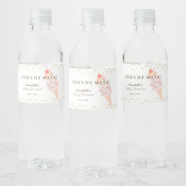 Here's the Scoop Ice Cream Pink Baby Shower Water Bottle Label (Bottles)