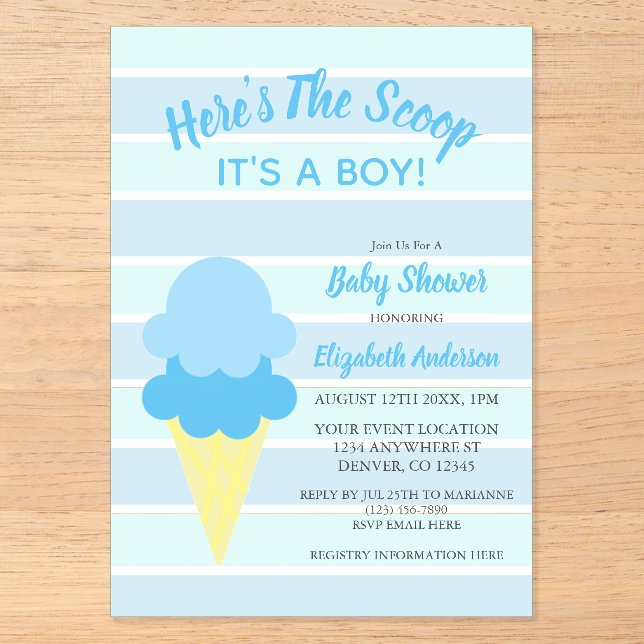 Here's The Scoop Ice Cream Summer Baby Shower Acrylic Invitations (Front)