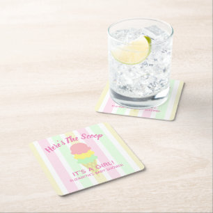 Here's The Scoop Ice Cream Summer Baby Shower Square Paper Coaster