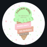 Here's The Scoop Mint Ice Cream Sweet Birthday Classic Round Sticker<br><div class="desc">These cute birthday thank you stickers feature a mint colour ice cream cone illustration with polka dots background. Personalize the birthday sticker by adding your child's name,  age,  and party details.</div>