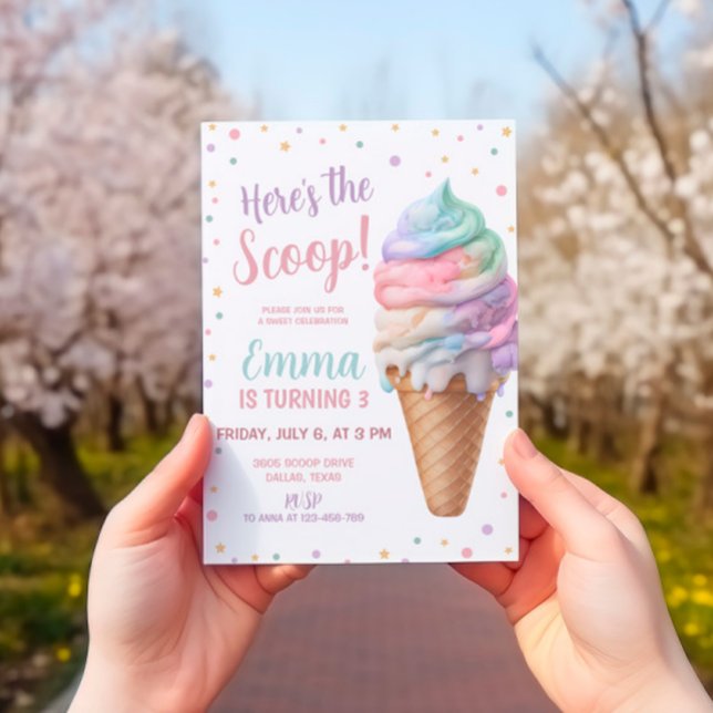 Here's the Scoop Pastel Pink Ice Cream Birthday Invitation (Creator Uploaded)