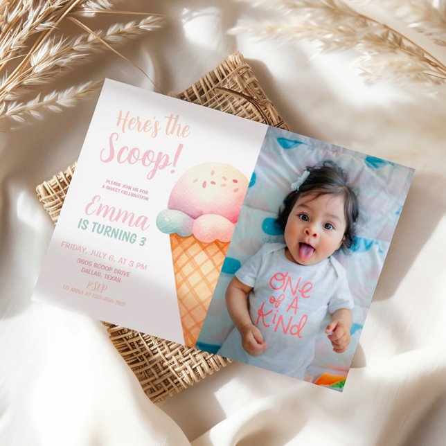 Here's the Scoop Pastel Pink Ice Cream Birthday Invitation (Creator Uploaded)