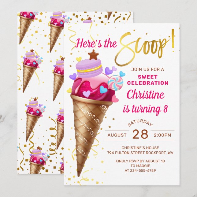 Here's The Scoop Pink Gold Ice Cream Birthday Invitation (Front/Back)