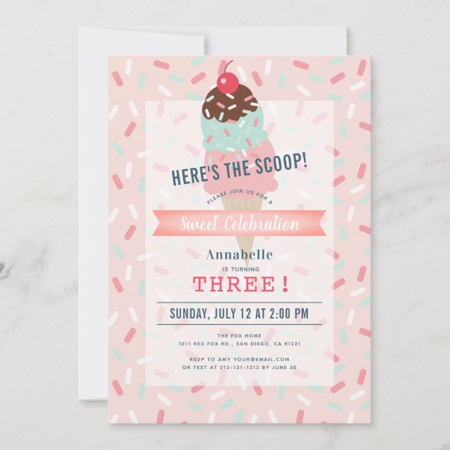 Here's the Scoop Pink Ice Cream Birthday Invitation (Front)