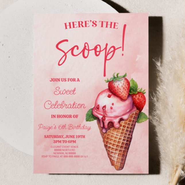 Here's The Scoop! Pink Ice Cream Birthday Party Invitation (Creator Uploaded)