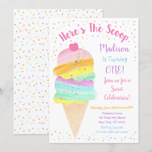 Here's The Scoop Rainbow Ice Cream Birthday Invitation